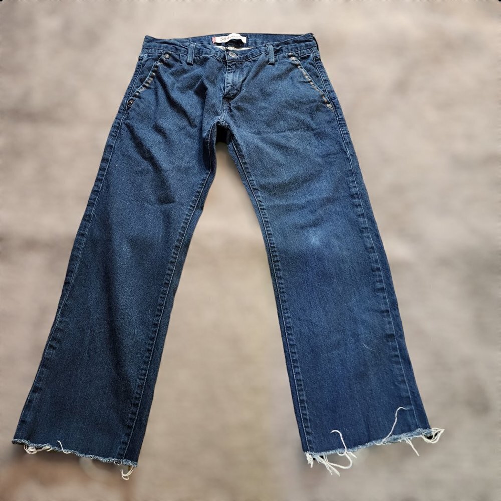 LEVIS 504 Straight Leg Frayed Hem Mens Blue Dark Wash Denim Cropped Jeans 30x24